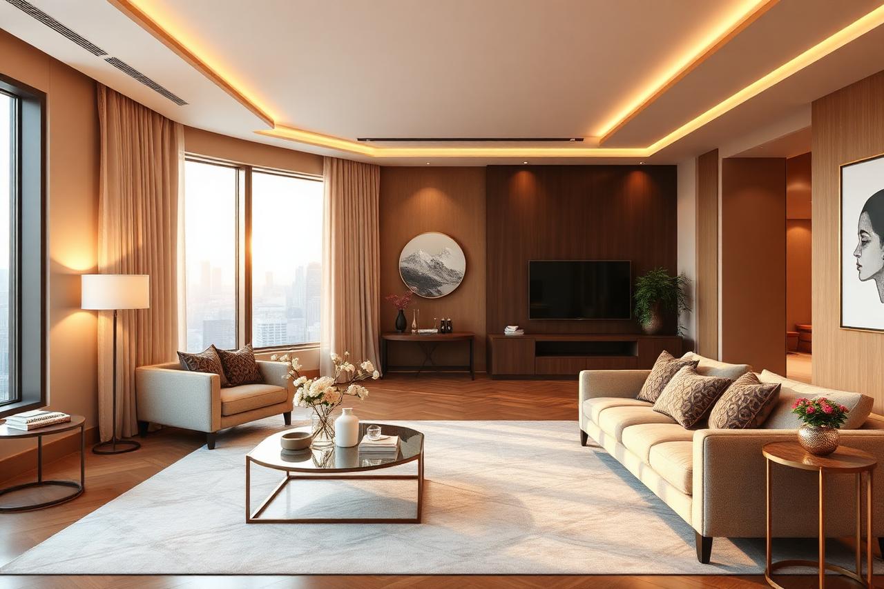 Professionally staged luxury short-term rental living room with city skyline view