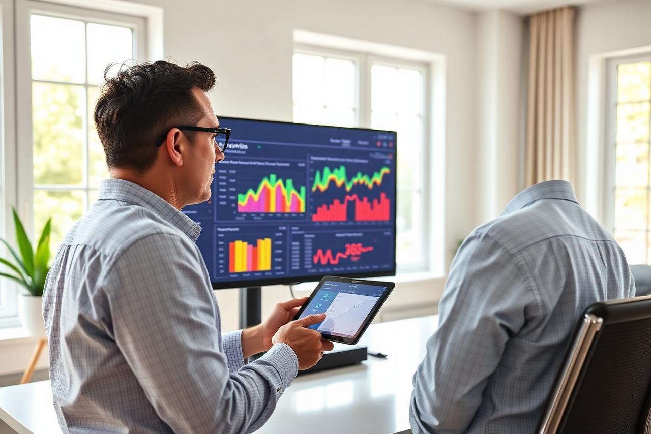 Property owner reviewing an Airbnb revenue analytics dashboard showing occupancy and pricing trends